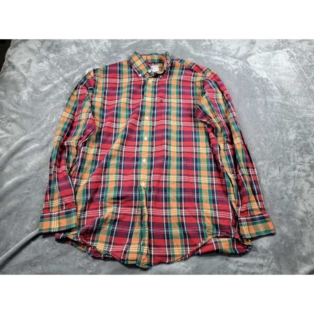 Brooks Brothers Medium Plaid red orange 346 Original Polo Button Up Long Sleeve